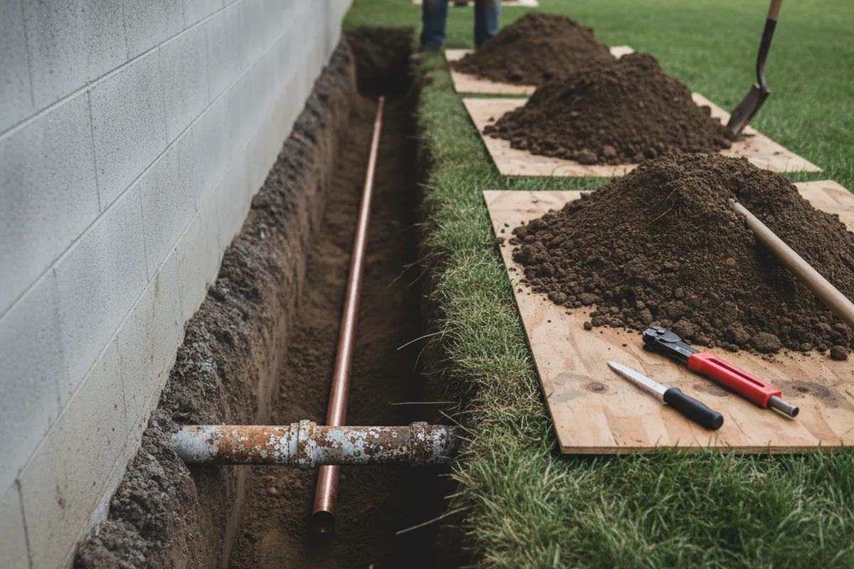 Excavated water line trench during Water Heater Repair in Flora Vista